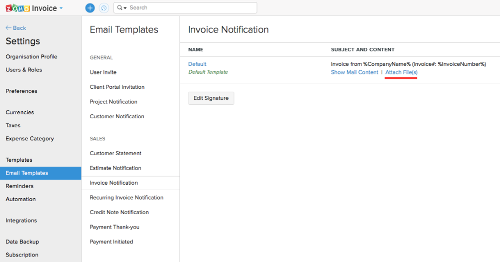 Attach files to email templates in Zoho Books and Zoho Invoice