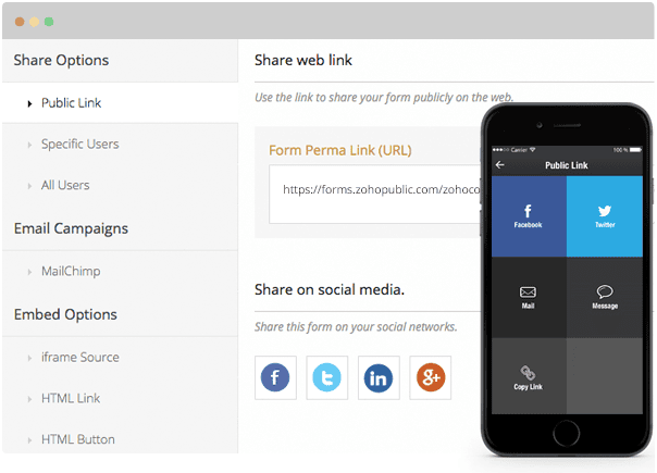 Share your forms with the world using social media and/or Email and links through Zoho Forms