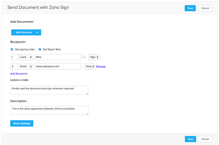 Zoho Sign is e-signature software for small businesses