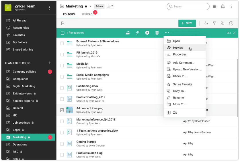 Zoho WorkDrive document management software for businesses